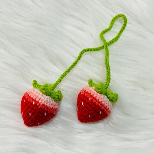 Cute crochet Strawberry Flower Car Accessories Mirror Hanging Charm Fruit Decor Teens Interior Rear View Mirror bag charm