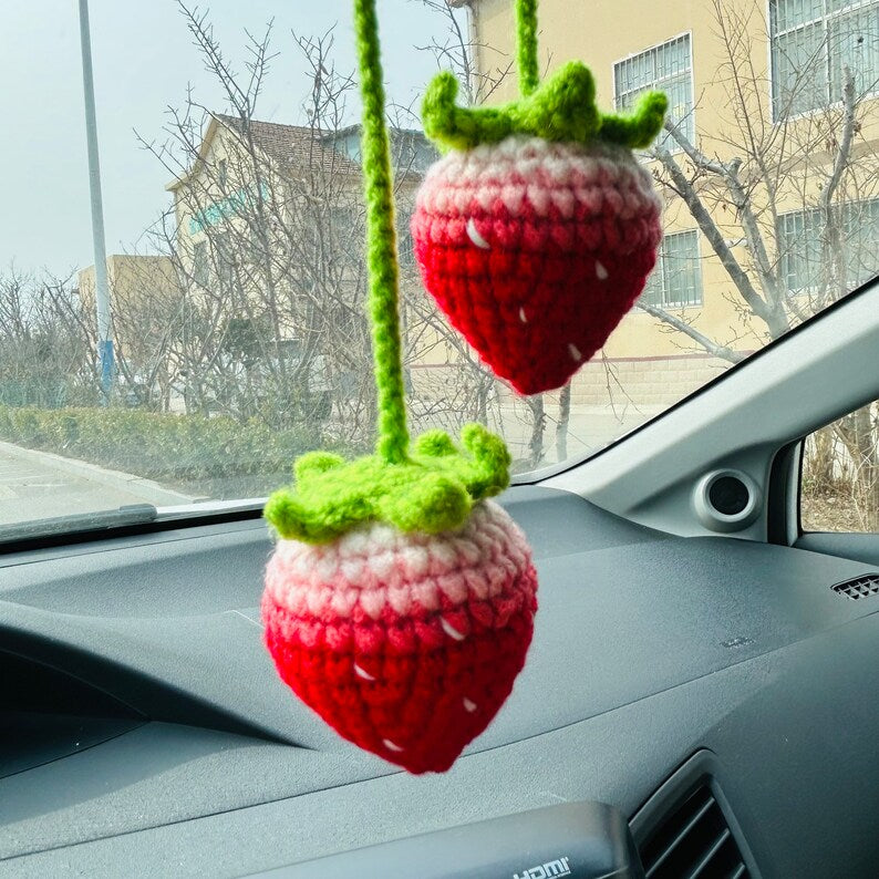 Cute crochet Strawberry Flower Car Accessories Mirror Hanging Charm Fruit Decor Teens Interior Rear View Mirror bag charm