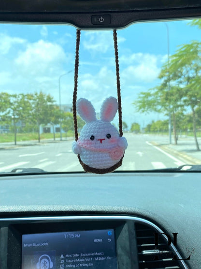 Cute Swinging Bunny Car Mirror Hanging Accessories, Crochet Rabbit Ornaments, New Car Gift Idea, Gift For Her, Car Decorations, Car charm