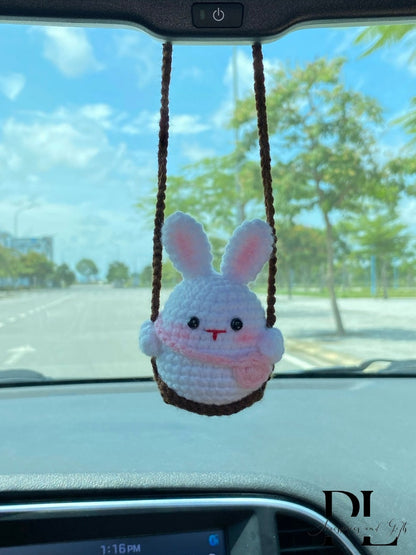 Cute Swinging Bunny Car Mirror Hanging Accessories, Crochet Rabbit Ornaments, New Car Gift Idea, Gift For Her, Car Decorations, Car charm
