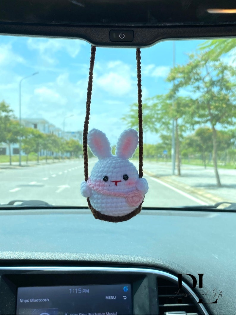 Cute Swinging Bunny Car Mirror Hanging Accessories, Crochet Rabbit Ornaments, New Car Gift Idea, Gift For Her, Car Decorations, Car charm