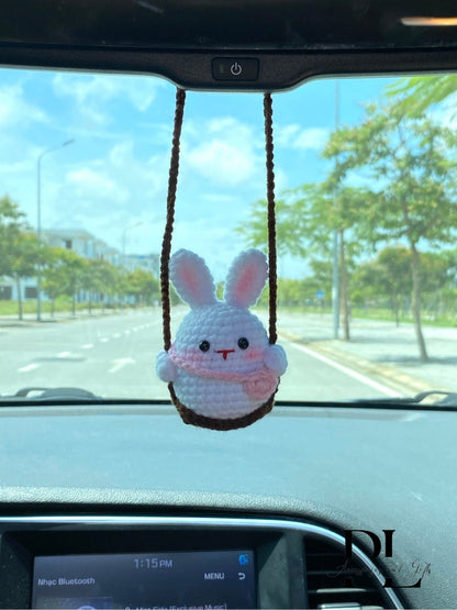 Cute Swinging Bunny Car Mirror Hanging Accessories, Crochet Rabbit Ornaments, New Car Gift Idea, Gift For Her, Car Decorations, Car charm