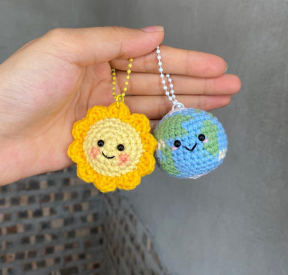 Crochet Earth And Sun Keychain, Sun And Earth Amigurumi, Mini Earth Sun Plushie, Couple Keychain, Bag Charm Backpack Accessory
