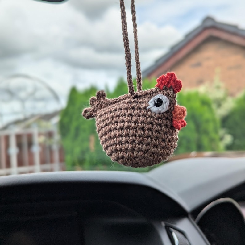Crochet Chicken Car Rear View Mirror Accessory | Plush Hen Hanging