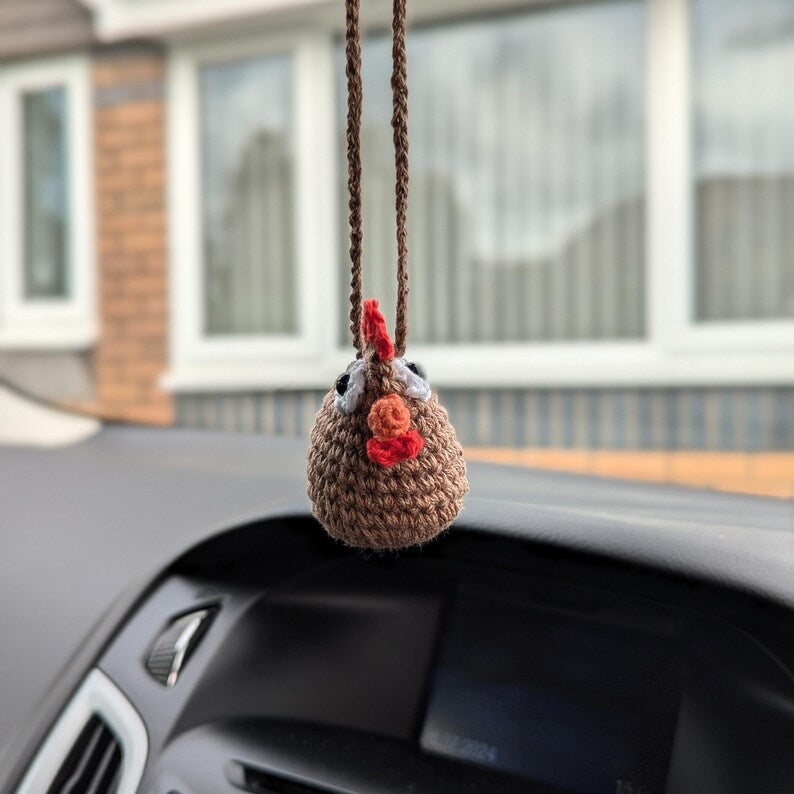 Crochet Chicken Car Rear View Mirror Accessory | Plush Hen Hanging