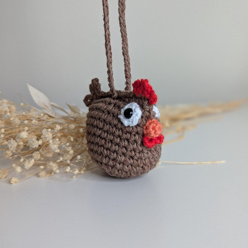 Crochet Chicken Car Rear View Mirror Accessory | Plush Hen Hanging