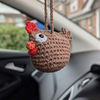 Crochet Chicken Car Rear View Mirror Accessory | Plush Hen Hanging
