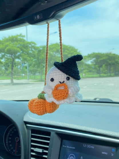 Crochet Ghost Car Accessories, Crochet Pumpkin Car Accessories, Car Mirror Hanger, Fall Car Ornaments, Halloween Car Decor