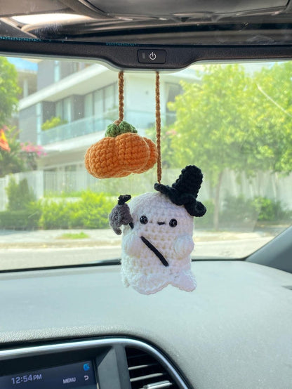 Crochet Ghost And Pumpkin Car Hanger, Crochet Rear View Mirror Car Charm Spooky, Fall Car Accessories, Halloween Car Accessories