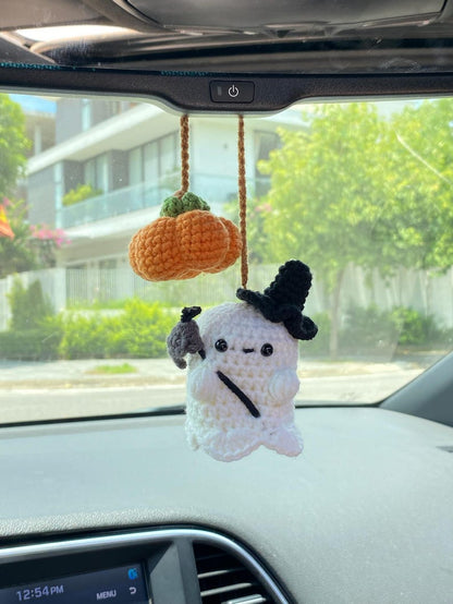 Crochet Ghost And Pumpkin Car Hanger, Crochet Rear View Mirror Car Charm Spooky, Fall Car Accessories, Halloween Car Accessories