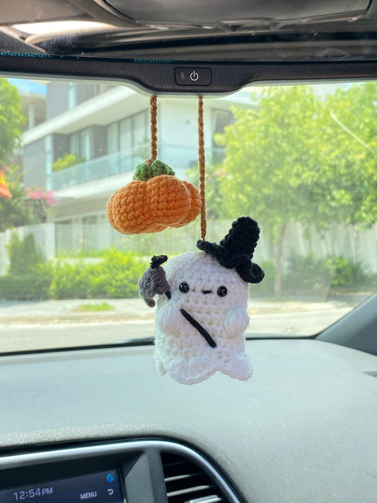 Crochet Ghost And Pumpkin Car Hanger, Crochet Rear View Mirror Car Charm Spooky, Fall Car Accessories, Halloween Car Accessories