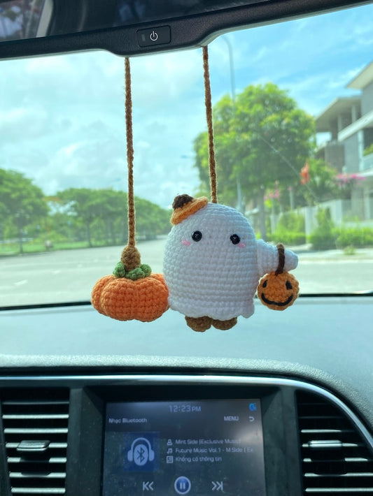 Cute Ghost And Pumpkin Car Accessories For Halloween, Halloween Crochet Rearview Mirror Decoration, Car Interior Charm, Halloween Gifts