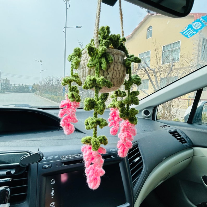 Cute Car Mirror Hanging bracketplant chlorophytum comosum Purple pink Interior Rear View Mirror Flower Car Accessories Crochet gift for car