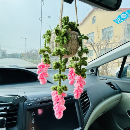 Cute Car Mirror Hanging bracketplant chlorophytum comosum Purple pink Interior Rear View Mirror Flower Car Accessories Crochet gift for car