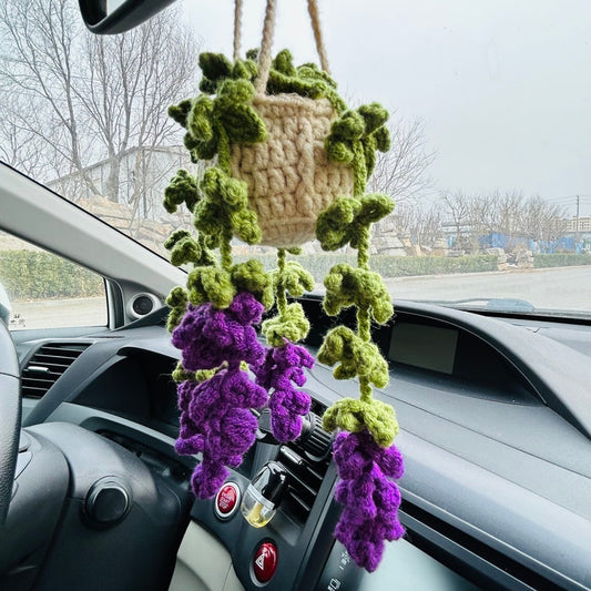 Cute Car Mirror Hanging bracketplant chlorophytum comosum Purple pink Interior Rear View Mirror Flower Car Accessories Crochet gift for car
