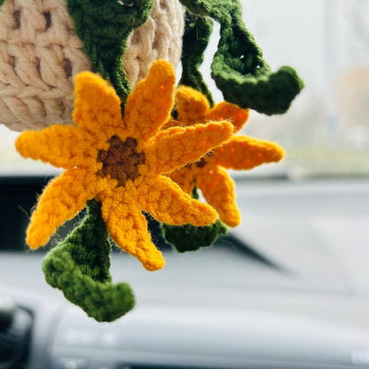 Cute Car Mirror Hanging sunflower bracketplant chlorophytum comosum flower Interior Rear View Mirror Flower Car Accessories Crochet gift