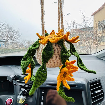 Cute Car Mirror Hanging sunflower bracketplant chlorophytum comosum flower Interior Rear View Mirror Flower Car Accessories Crochet gift