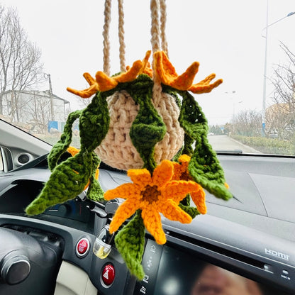 Cute Car Mirror Hanging sunflower bracketplant chlorophytum comosum flower Interior Rear View Mirror Flower Car Accessories Crochet gift
