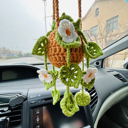Cute Car Mirror Hanging White flower bracketplant chlorophytum comosum Interior Rear View Mirror Flower Car Accessories Crochet gift