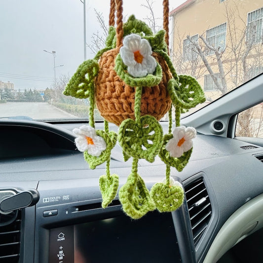 Cute Car Mirror Hanging White flower bracketplant chlorophytum comosum Interior Rear View Mirror Flower Car Accessories Crochet gift