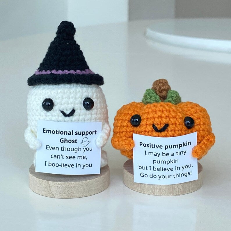 2PCS Crochet Supportive Pumpkin/Ghost, Positive Pumpkin, Positive Ghost, Cute Crochet Desk Accessory, Coworkers Gift, Halloween Gift