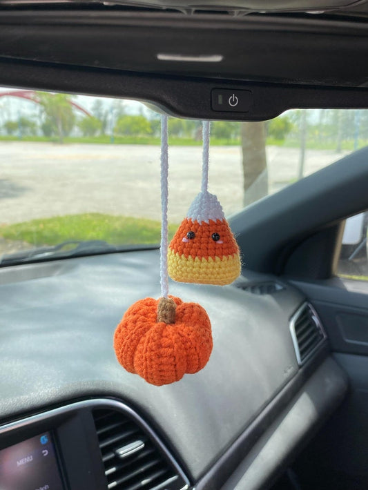 Crochet Pumpkin And Candy Corn Car Charm, Cute Candy Corn Pumpkin Rear View Mirror Ornament, Fall Halloween Car Accessories Fall Car Decor