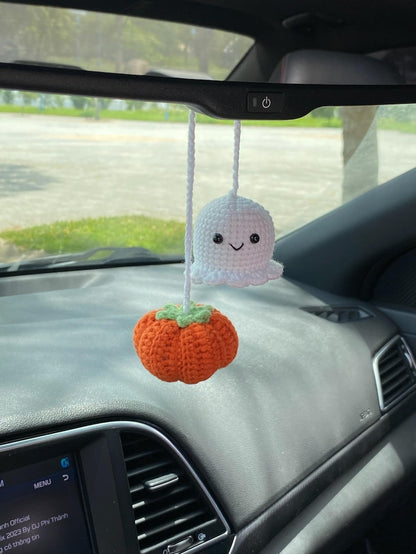 Crochet Pumpkin And Ghost Car Charm, Cute Ghost Pumpkin Rear View Mirror Ornament, Fall Halloween Car Accessories Fall Halloween Car Decor