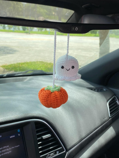 Crochet Pumpkin And Ghost Car Charm, Cute Ghost Pumpkin Rear View Mirror Ornament, Fall Halloween Car Accessories Fall Halloween Car Decor