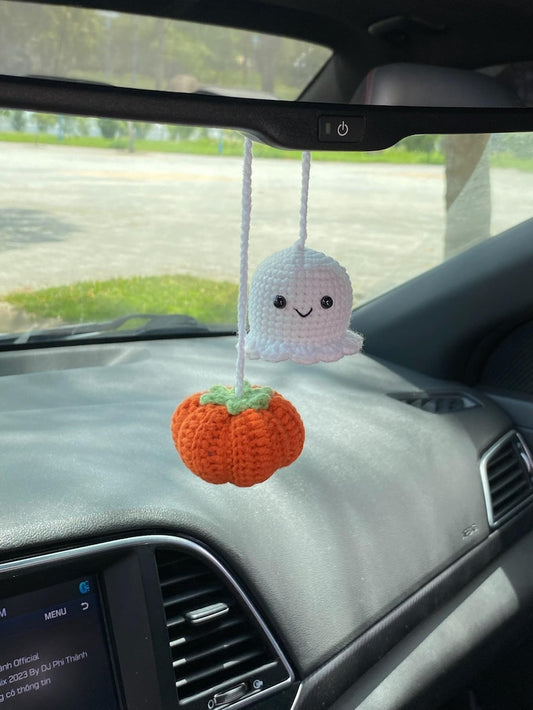 Crochet Pumpkin And Ghost Car Charm, Cute Ghost Pumpkin Rear View Mirror Ornament, Fall Halloween Car Accessories Fall Halloween Car Decor