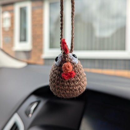 Crochet Chicken Car Rear View Mirror Accessory | Plush Hen Hanging