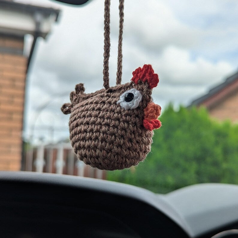 Crochet Chicken Car Rear View Mirror Accessory | Plush Hen Hanging