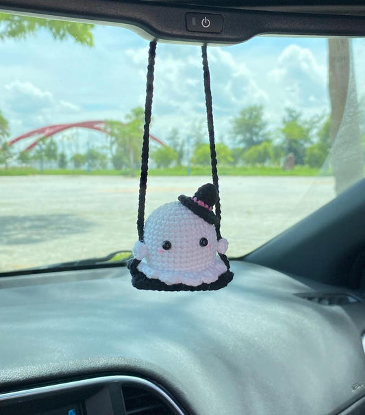 Crochet Ghost On A Swing Car Charm, Ghost With Witch Hat Swinging Car Mirror Hanger, Ghost Plushie Halloween Decor, Halloween Car Accessory