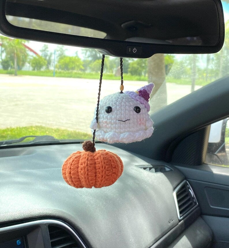 Crochet Ghost Pumpkin Car Accessory, Halloween Car Hanger, Spooky Car Accessories, Cute Halloween Decor For Rearview Mirror, Halloween Gifts
