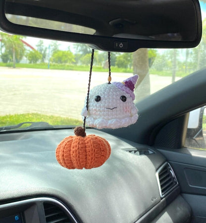 Crochet Ghost Pumpkin Car Accessory, Halloween Car Hanger, Spooky Car Accessories, Cute Halloween Decor For Rearview Mirror, Halloween Gifts
