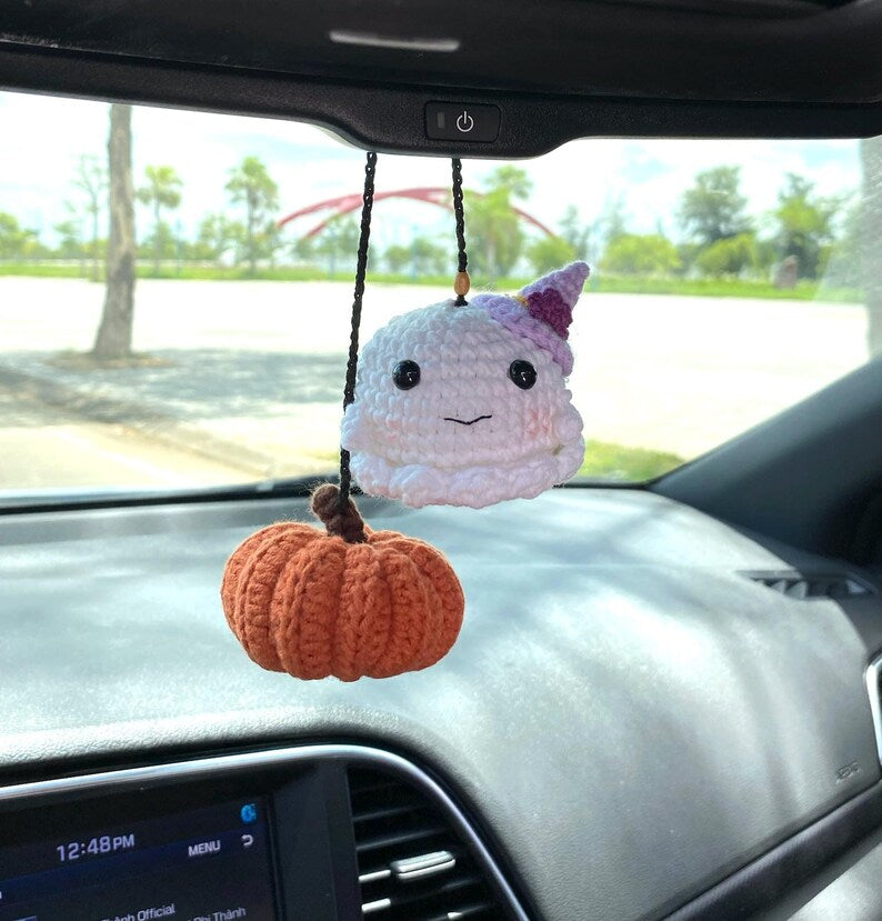 Crochet Ghost Pumpkin Car Accessory, Halloween Car Hanger, Spooky Car Accessories, Cute Halloween Decor For Rearview Mirror, Halloween Gifts
