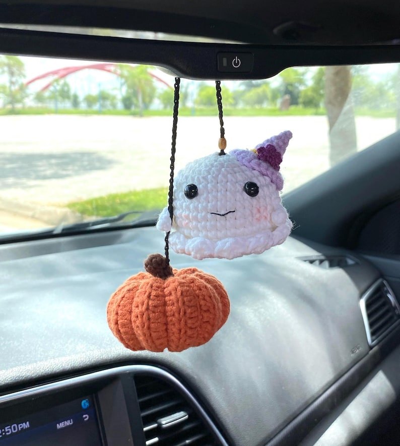 Crochet Ghost Pumpkin Car Accessory, Halloween Car Hanger, Spooky Car Accessories, Cute Halloween Decor For Rearview Mirror, Halloween Gifts