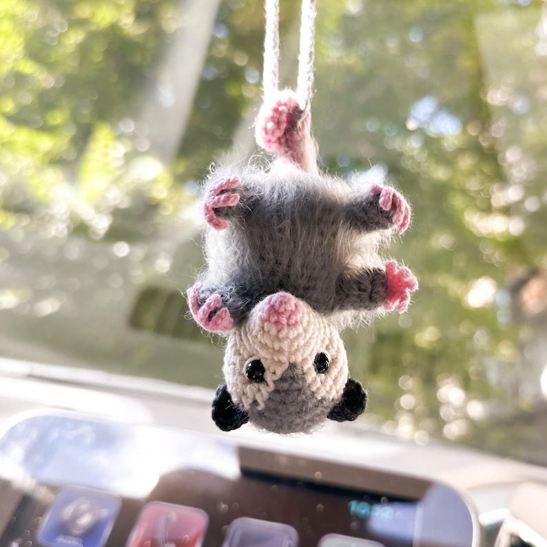 Crochet Possum Car Charm, Fuzzy Opossum Rearview Mirror Hanging Accessory, Handmade Car Decor