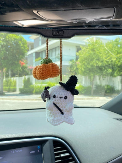 Crochet Ghost And Pumpkin Car Hanger, Crochet Rear View Mirror Car Charm Spooky, Fall Car Accessories, Halloween Car Accessories
