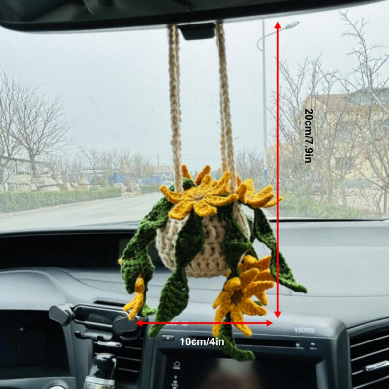 Cute Car Mirror Hanging sunflower bracketplant chlorophytum comosum flower Interior Rear View Mirror Flower Car Accessories Crochet gift