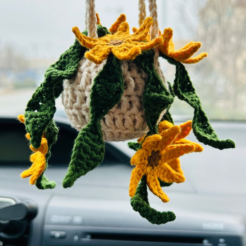 Cute Car Mirror Hanging sunflower bracketplant chlorophytum comosum flower Interior Rear View Mirror Flower Car Accessories Crochet gift