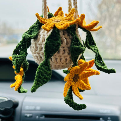 Cute Car Mirror Hanging sunflower bracketplant chlorophytum comosum flower Interior Rear View Mirror Flower Car Accessories Crochet gift