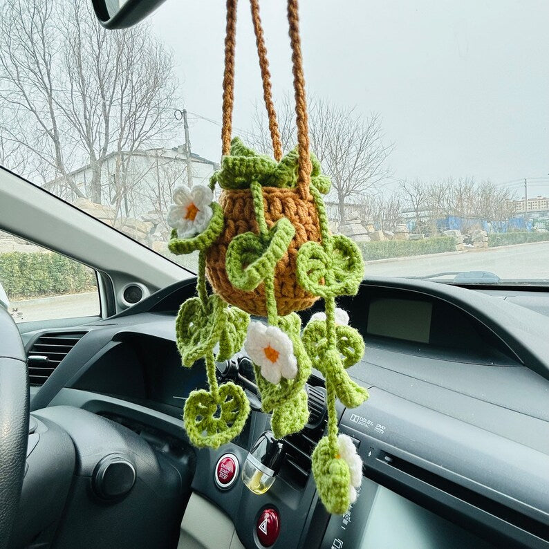 Cute Car Mirror Hanging White flower bracketplant chlorophytum comosum Interior Rear View Mirror Flower Car Accessories Crochet gift