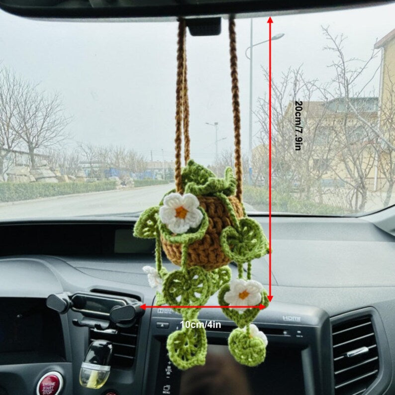 Cute Car Mirror Hanging White flower bracketplant chlorophytum comosum Interior Rear View Mirror Flower Car Accessories Crochet gift