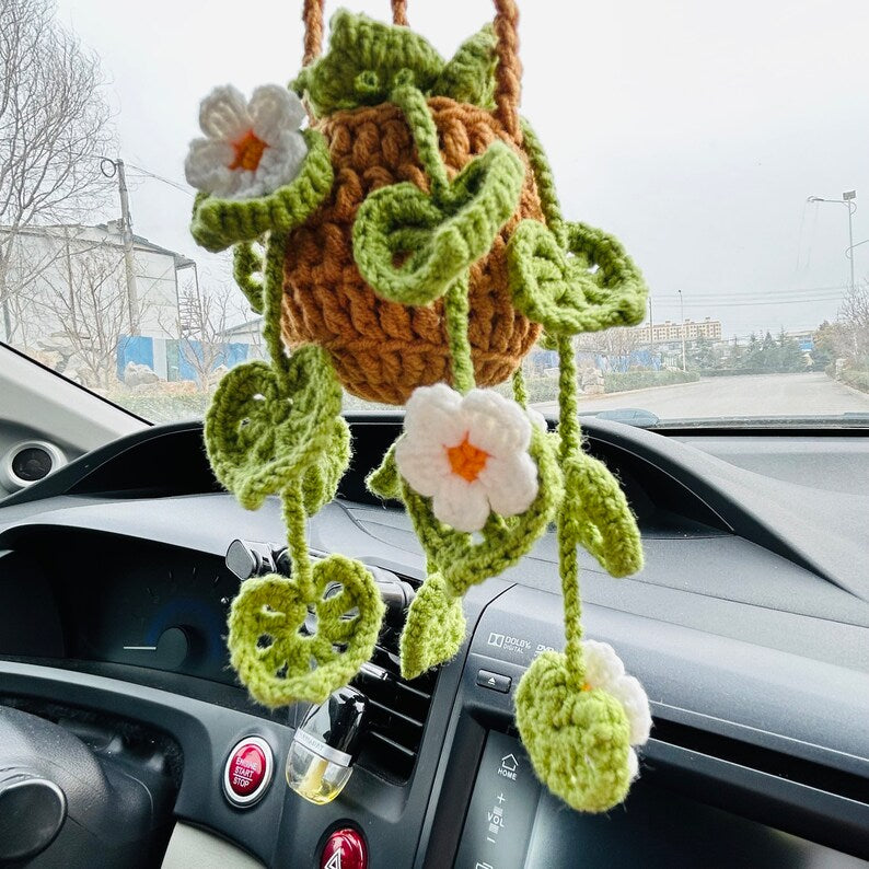 Cute Car Mirror Hanging White flower bracketplant chlorophytum comosum Interior Rear View Mirror Flower Car Accessories Crochet gift