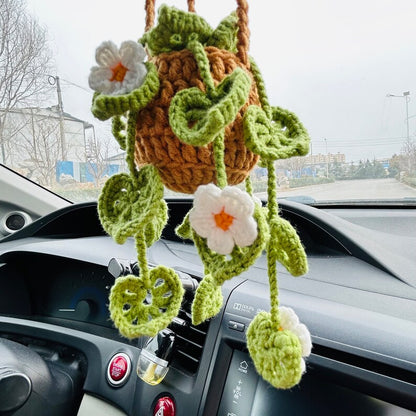 Cute Car Mirror Hanging White flower bracketplant chlorophytum comosum Interior Rear View Mirror Flower Car Accessories Crochet gift