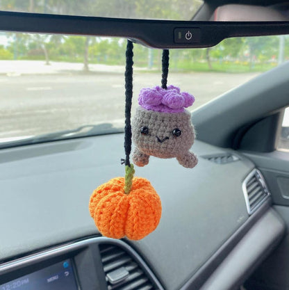 Crochet Cauldron And Pumpkin Car Charm Spooky, Cauldron Pumpkin Rear View Mirror Ornament, Fall Halloween Car Accessory Halloween Car Decor