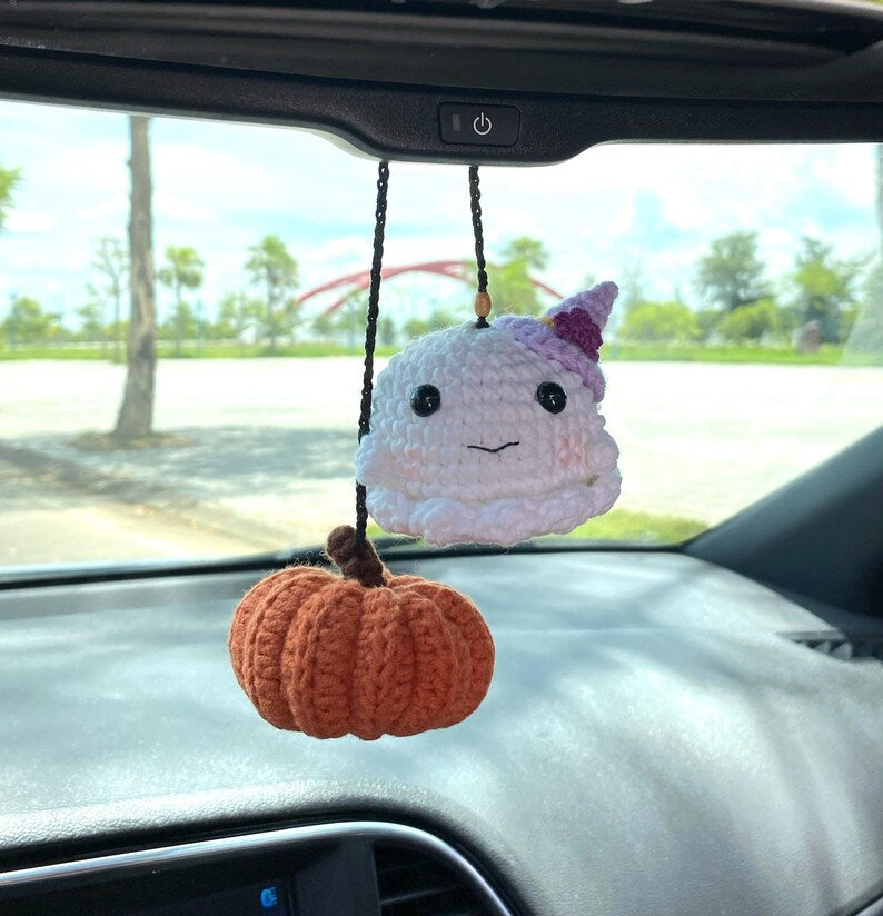 Crochet Ghost Pumpkin Car Accessory, Halloween Car Hanger, Spooky Car Accessories, Cute Halloween Decor For Rearview Mirror, Halloween Gifts