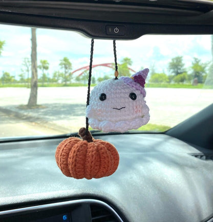 Crochet Ghost Pumpkin Car Accessory, Halloween Car Hanger, Spooky Car Accessories, Cute Halloween Decor For Rearview Mirror, Halloween Gifts