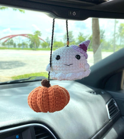 Crochet Ghost Pumpkin Car Accessory, Halloween Car Hanger, Spooky Car Accessories, Cute Halloween Decor For Rearview Mirror, Halloween Gifts
