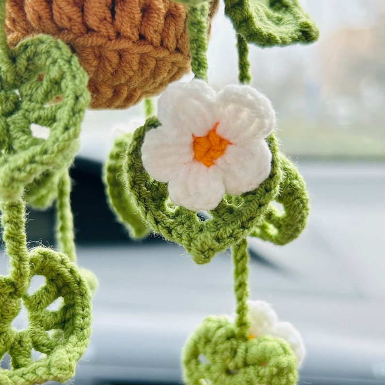Handmade crochet flower Car Mirror Hanging bracketplant chlorophytum comosum Interior Rear View Mirror Car Accessories gift for car